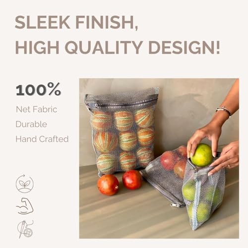 MASON HOME Net/Mesh Premium Grey Zipped Fridge Storage Bag - Set of 3 - L: 15" X 12", M: 12" X 10.5", S: 9.5" X 8.5" | Organize Vegetables, Fruits, Grocery in Kitchen | Higher Airflow & Less Spoilage - Image 2