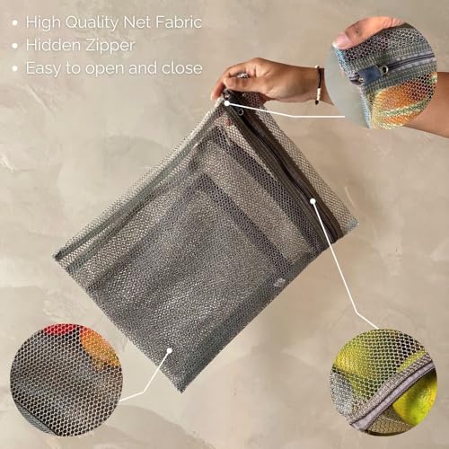 MASON HOME Net/Mesh Premium Grey Zipped Fridge Storage Bag - Set of 3 - L: 15" X 12", M: 12" X 10.5", S: 9.5" X 8.5" | Organize Vegetables, Fruits, Grocery in Kitchen | Higher Airflow & Less Spoilage - Image 5