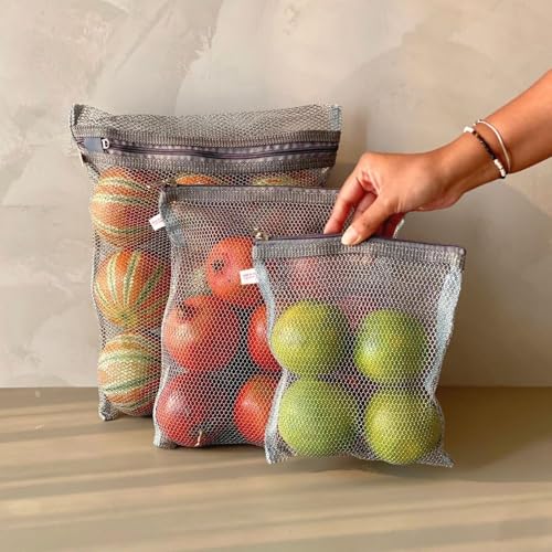 MASON HOME Net/Mesh Premium Grey Zipped Fridge Storage Bag - Set of 3 - L: 15" X 12", M: 12" X 10.5", S: 9.5" X 8.5" | Organize Vegetables, Fruits, Grocery in Kitchen | Higher Airflow & Less Spoilage - Image 1