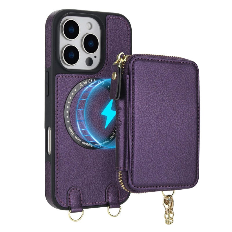 erorex For Iphone 12 / 12 Pro Awquer 2 In 1 Crossbody Wallet Leather Back Phone Case(Dark Purple) - Image 2