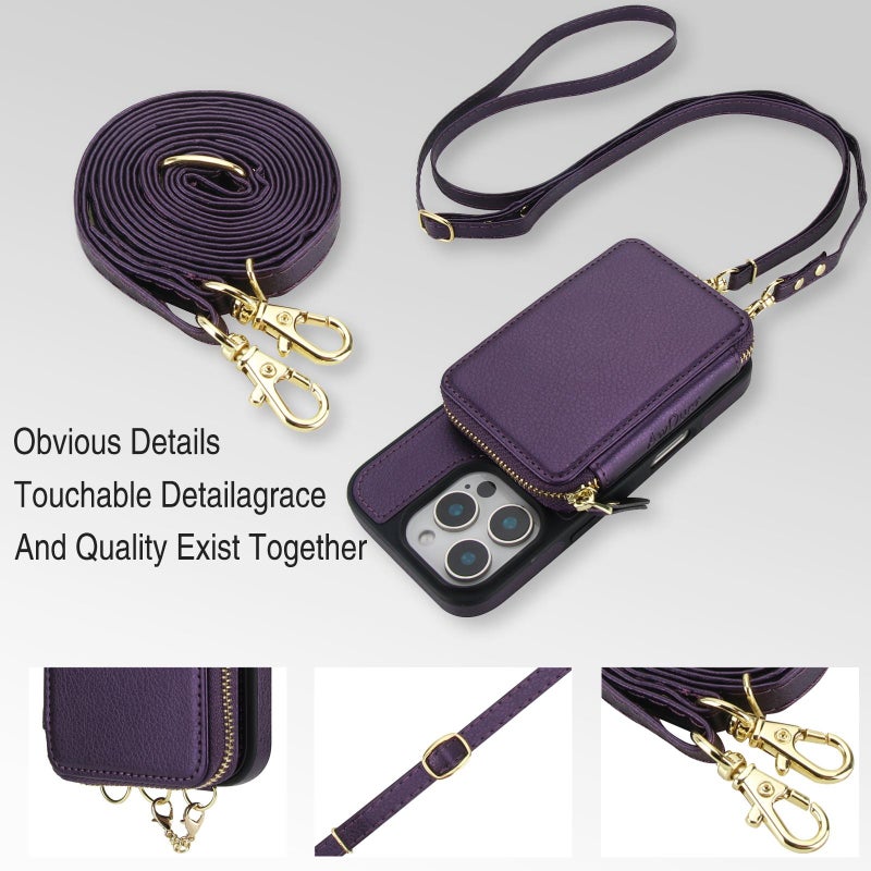 erorex For Iphone 12 / 12 Pro Awquer 2 In 1 Crossbody Wallet Leather Back Phone Case(Dark Purple) - Image 3