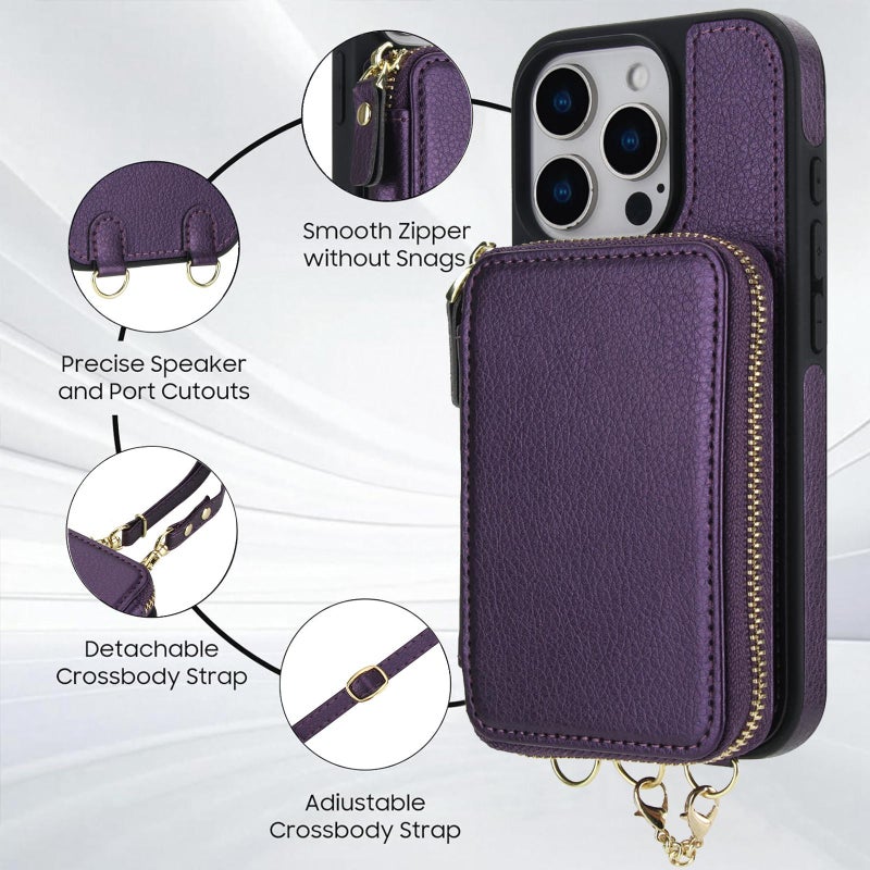 erorex For Iphone 12 / 12 Pro Awquer 2 In 1 Crossbody Wallet Leather Back Phone Case(Dark Purple) - Image 5