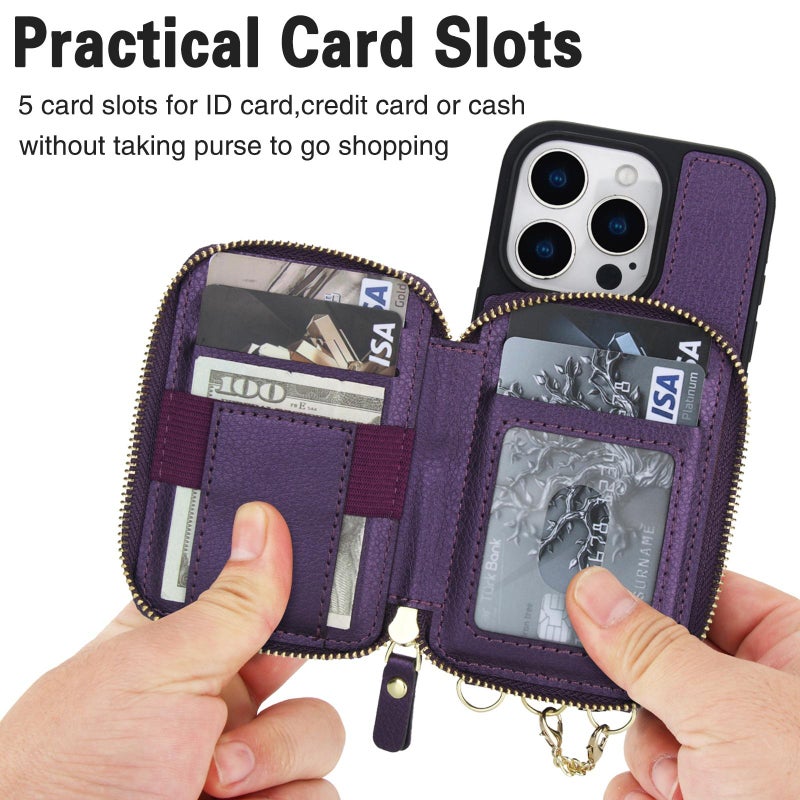 erorex For Iphone 12 / 12 Pro Awquer 2 In 1 Crossbody Wallet Leather Back Phone Case(Dark Purple) - Image 4