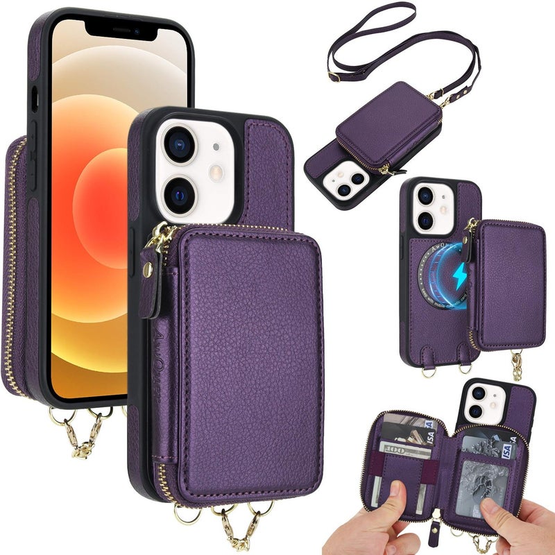 erorex For Iphone 12 / 12 Pro Awquer 2 In 1 Crossbody Wallet Leather Back Phone Case(Dark Purple) - Image 1