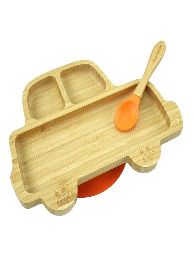 StarKiddo®️ ‘Bamboo Rider’ Baby Plate for Kids and Baby-Led Weaning | 3 Sections | Non-Toxic | Super Strong Suction Cup - Natural Bamboo BPA Free Baby Plate for Stay Put Feeding (Orange) - Image 1