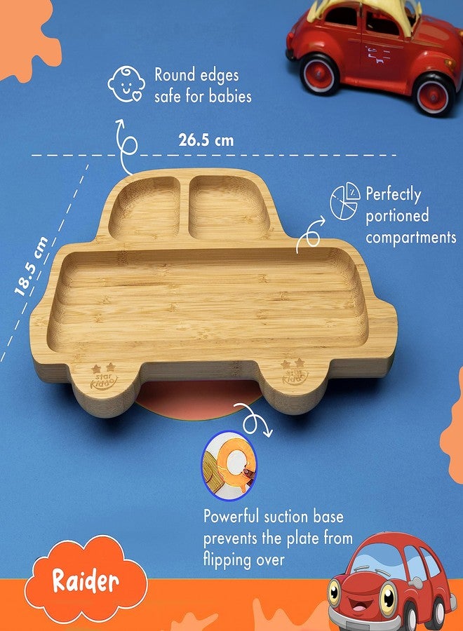 StarKiddo®️ ‘Bamboo Rider’ Baby Plate for Kids and Baby-Led Weaning | 3 Sections | Non-Toxic | Super Strong Suction Cup - Natural Bamboo BPA Free Baby Plate for Stay Put Feeding (Orange) - Image 2