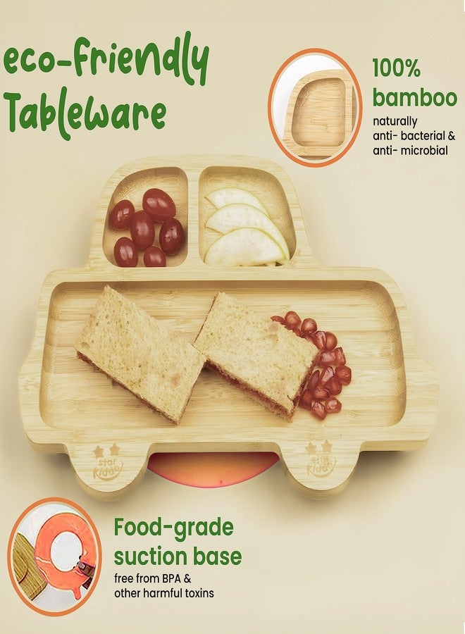 StarKiddo®️ ‘Bamboo Rider’ Baby Plate for Kids and Baby-Led Weaning | 3 Sections | Non-Toxic | Super Strong Suction Cup - Natural Bamboo BPA Free Baby Plate for Stay Put Feeding (Orange) - Image 4