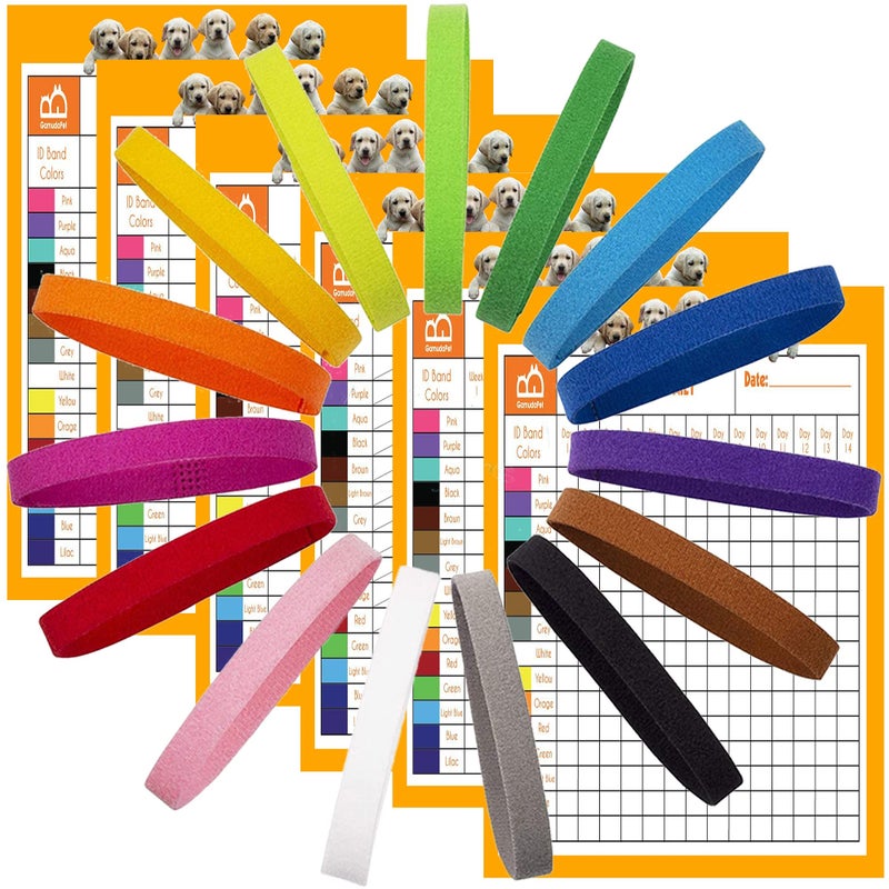 GAMUDA 15Pcs Newborn Puppy Collars, Super Soft Nylon Adjustable Whelping ID Bands, Assorted Colors Litter Identification Set with 6 Record Keeping Charts - Image 1