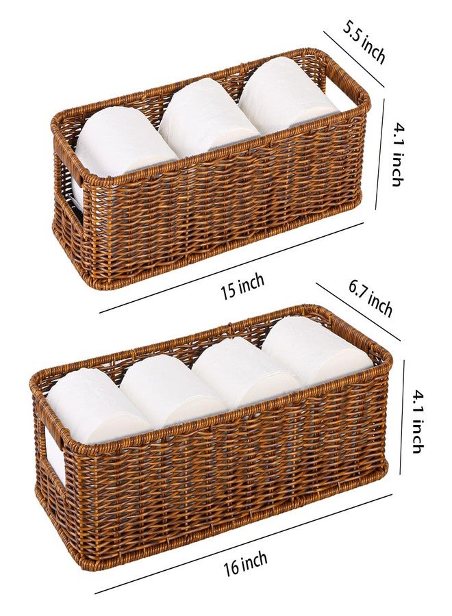 Fvstar 2pcs Toilet Tank Basket, Rectangular Wicker Shelf Basket for Organization, Waterproof Handwoven Toilet Paper Rolls Baskets for Bathroom Countertop, Storage Shelf, End Table (Coffee Brown) - Image 4