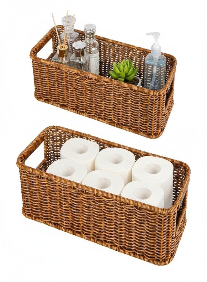 Fvstar 2pcs Toilet Tank Basket, Rectangular Wicker Shelf Basket for Organization, Waterproof Handwoven Toilet Paper Rolls Baskets for Bathroom Countertop, Storage Shelf, End Table (Coffee Brown) - Image 1