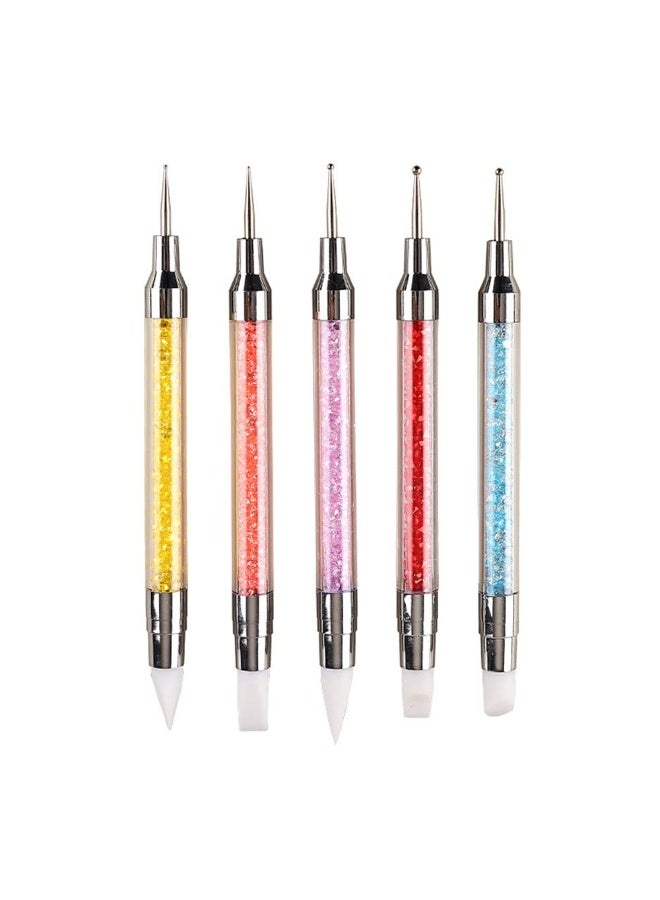 5 قطع من أدوات النقش المزدوجة الأطراف لتزيين الأظافر، فرشاة طلاء أظافر من السيليكون، أداة نقش من الفولاذ المقاوم للصدأ، مقبض من الأكريليك المرصع بأحجار الراين، أدوات تزيين الأظافر - Image 1