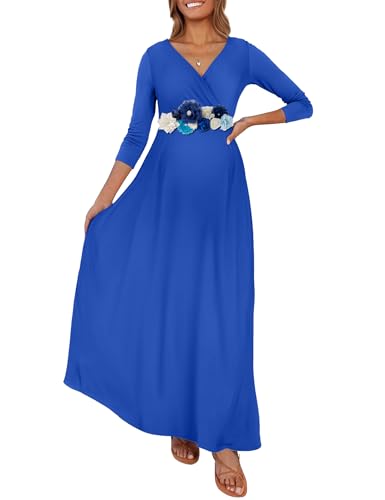 KIM S Maternity Dress Winter Maternity Dress for Photoshoot Baby Shower Christmas Maxi Wrap Long Postpartum Pregnancy Clothes 2025 Royal Blue M