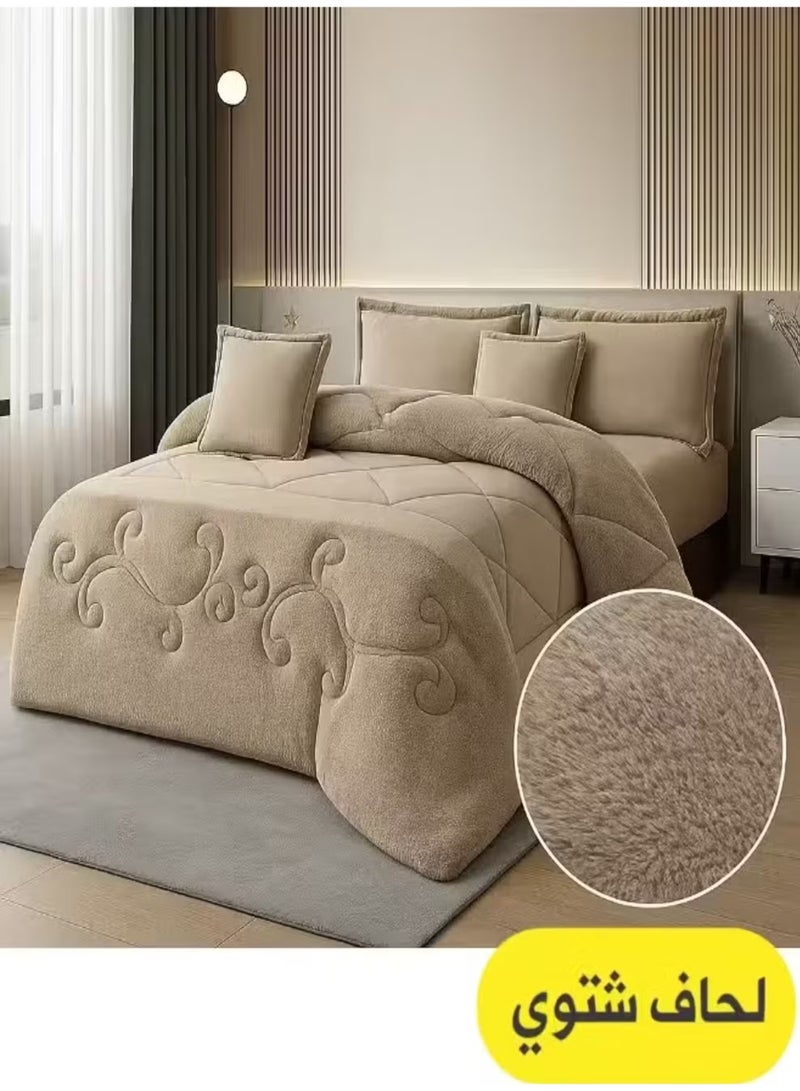 مينج لي مفرش شتوي نفر ونص نظام وجهين (مخمل × فرو) – طقم مفارش 4 قطع يشمل لحاف، شرشف مطاطي، غطاء وسادة وغطاء مخدة، يناسب سرير مقاس 140×200 سم - Image 1