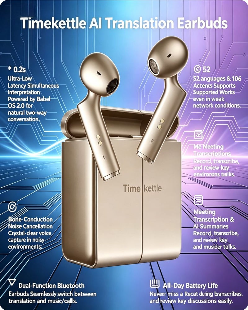 Timekettle W4 Wireless Translator Earbuds with Microphone, Supports 42 Languages for Travel and Business, Gold - Image 1