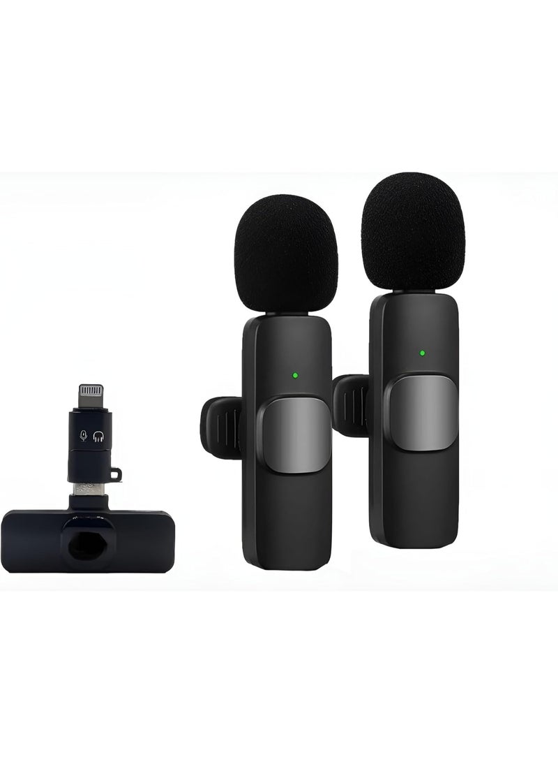 K9 Wireless Dual Microphone , Digital Mini Portable Recording Clip Mic with Receiver for All Type-C Mobile Phones and converter Lightning - Black - Image 2