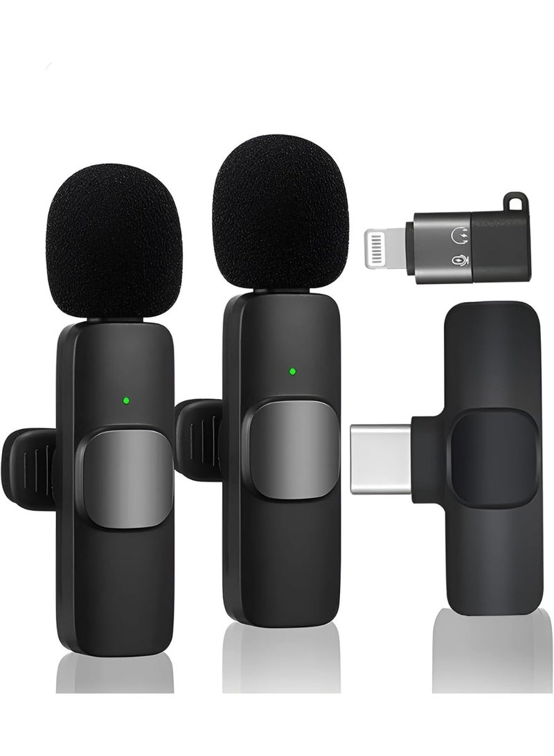 K9 Wireless Dual Microphone , Digital Mini Portable Recording Clip Mic with Receiver for All Type-C Mobile Phones and converter Lightning - Black - Image 1