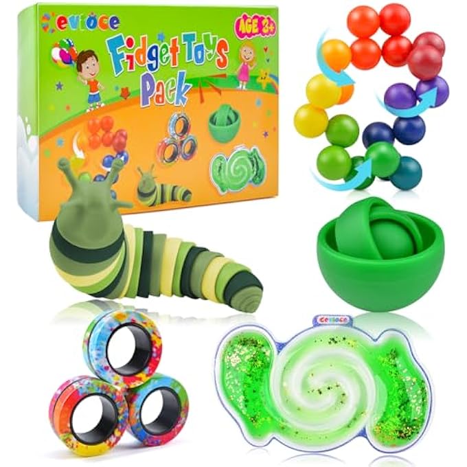 Cevioce 5Pcs Fidget Toys Adults Pack,Stocking Stuffers for Teens Boys Girls,Autism Sensory Toys with Fidget Spinner Slug Magnetic Rings,Squishy Fidget Toys ADHD Stress Relief,Party Favor for Kid-O - Image 1