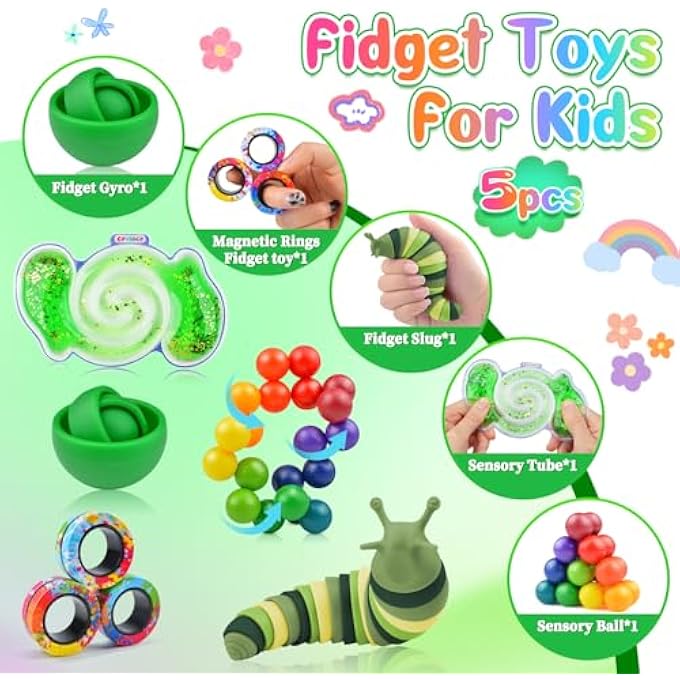 Cevioce 5Pcs Fidget Toys Adults Pack,Stocking Stuffers for Teens Boys Girls,Autism Sensory Toys with Fidget Spinner Slug Magnetic Rings,Squishy Fidget Toys ADHD Stress Relief,Party Favor for Kid-O - Image 2