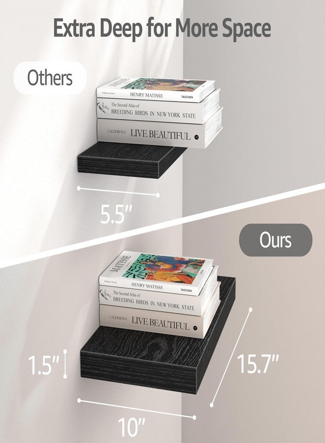 QEEIG 10" Deep Floating Shelves for Wall - 10 x 16 inch Book Shelf Bathroom Bedroom Kitchen Living Room Hanging Bookshelf Farmhouse Set of 3, Black (025-40B3) - Image 2