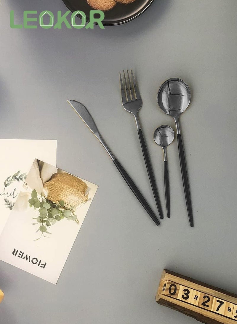 LEOKOR طقم أدوات مائدة مكون من 24 قطعة مع سكاكين وملاعق وشوك طقم أدوات مائدة من الفولاذ المقاوم للصدأ لـ 6 أشخاص أسود/فضي - Image 3