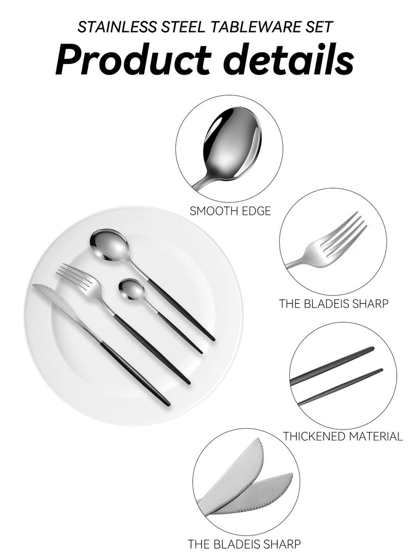 LEOKOR طقم أدوات مائدة مكون من 24 قطعة مع سكاكين وملاعق وشوك طقم أدوات مائدة من الفولاذ المقاوم للصدأ لـ 6 أشخاص أسود/فضي - Image 5