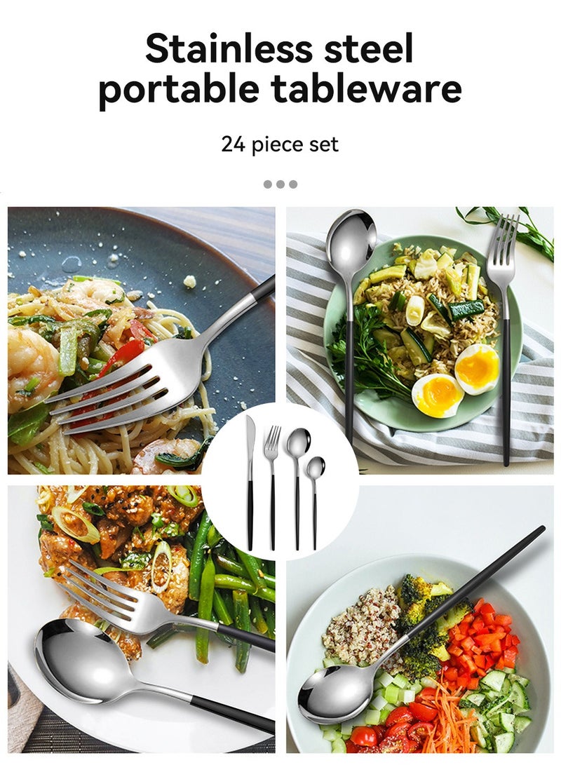 LEOKOR طقم أدوات مائدة مكون من 24 قطعة مع سكاكين وملاعق وشوك طقم أدوات مائدة من الفولاذ المقاوم للصدأ لـ 6 أشخاص أسود/فضي - Image 4