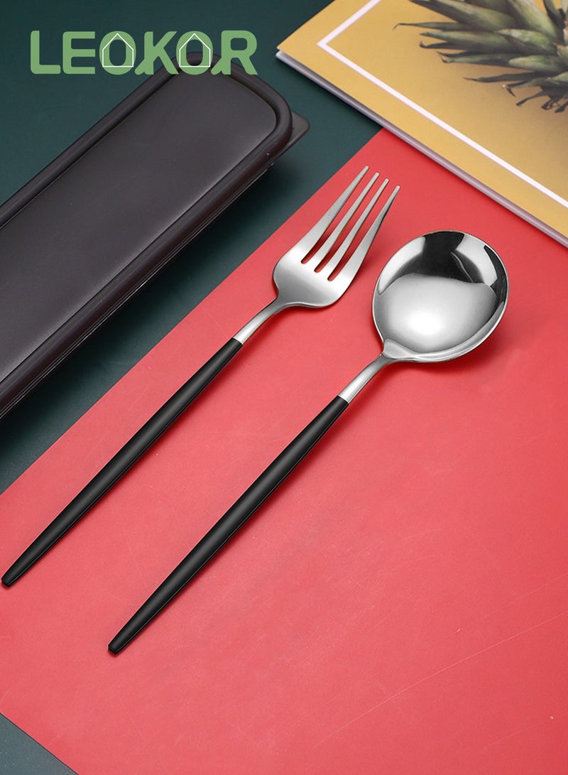 LEOKOR طقم أدوات مائدة مكون من 24 قطعة مع سكاكين وملاعق وشوك طقم أدوات مائدة من الفولاذ المقاوم للصدأ لـ 6 أشخاص أسود/فضي - Image 2