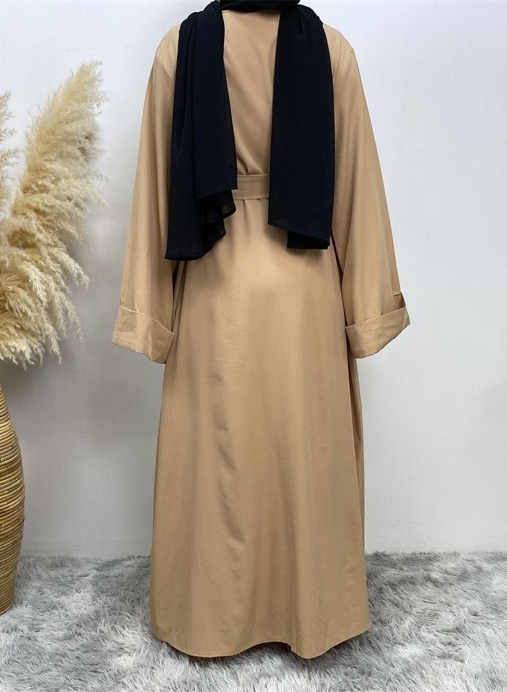 Loquat Pure Color Simple Cardigan Gown Abaya Brown - Image 3