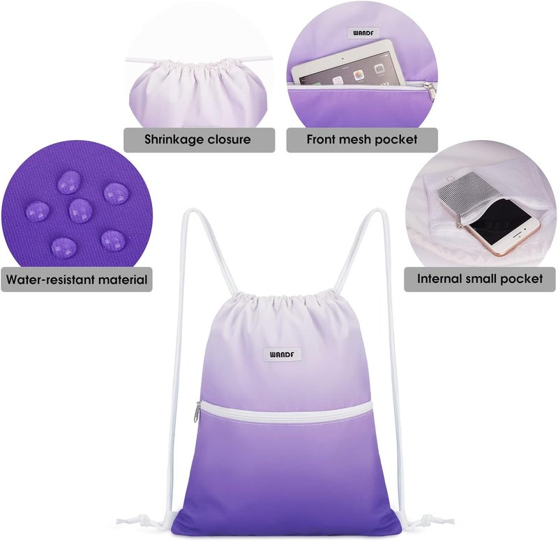 WANDF Drawstring Backpack String Bag Sackpack Cinch Water Resistant Nylon for Sport Yoga Gym Shopping (Purple Gradient) - Image 3