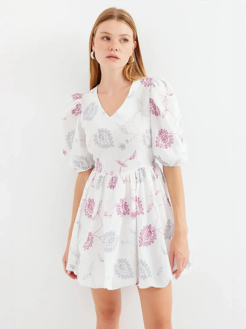 BIG DART BDART Embroidered Floral V-neck Mini Dress