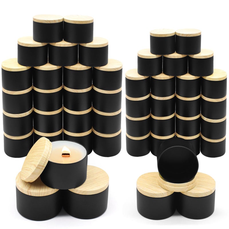 YJHSS 48-Pack Candle Jars, 24pcs 8oz + 24pcs 4oz Candle tins with Metal Wood-Grain Printing Lids, Empty Candle Jars for Making Candles Bulk Candle Containers-Black - Image 1