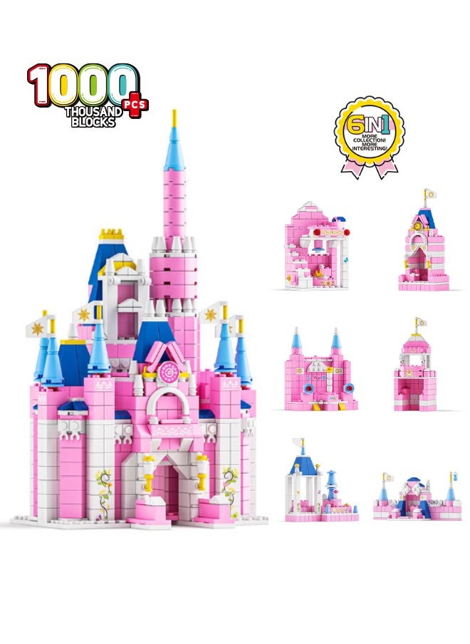 LELE BROTHER 6-in-1 Disney Castle Building Blocks Set, Princess Castle Building Toys, Pink Palace Toy Set, Pink Princess Castle Building Blocks Set, Ideal Gifts for Kids Age 6+ Year Old (1000 PCS)  - Image 1