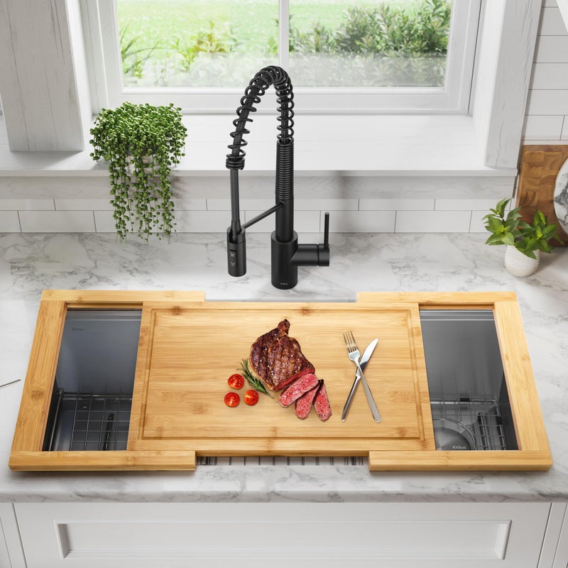 DAOYOUSKY Bamboo Expandable Over The Sink Cutting Board with Juice Groove for kitchen Wooden Kitchen Sink Cover Chooping Board for Counter Space
