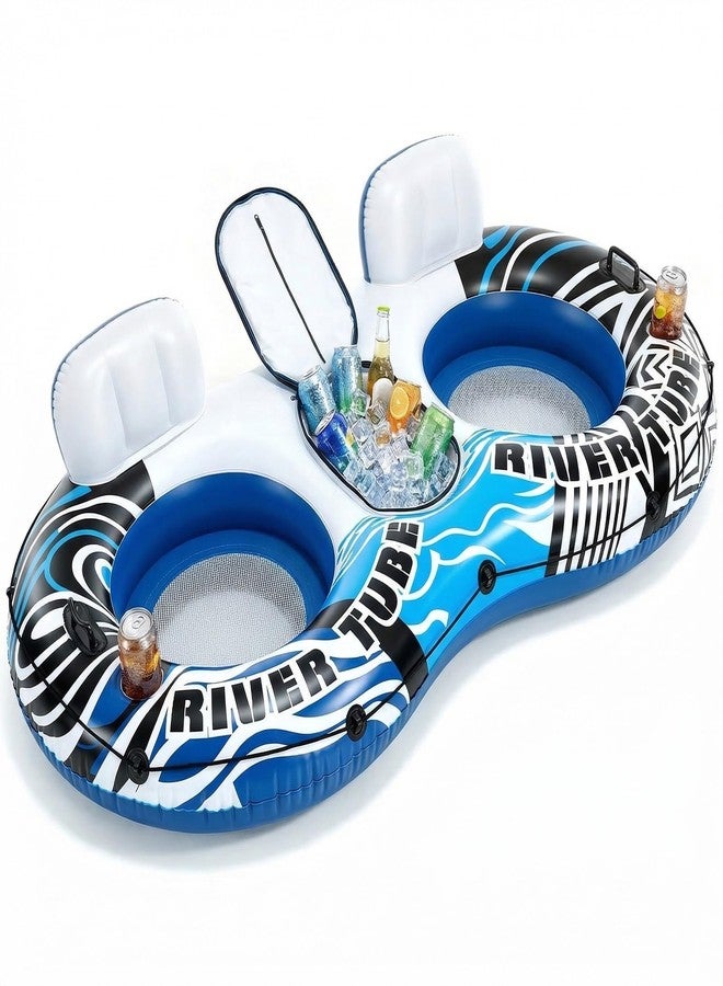 NEWBULIG Inflatable River Tube Float, 2 Person Heavy Duty River Float for Adults with Removable Cooler, Cup Holders, Durable Handles & Grab Rope, Tubing Float for Lake Pool Floating, Blue&Green - Image 1