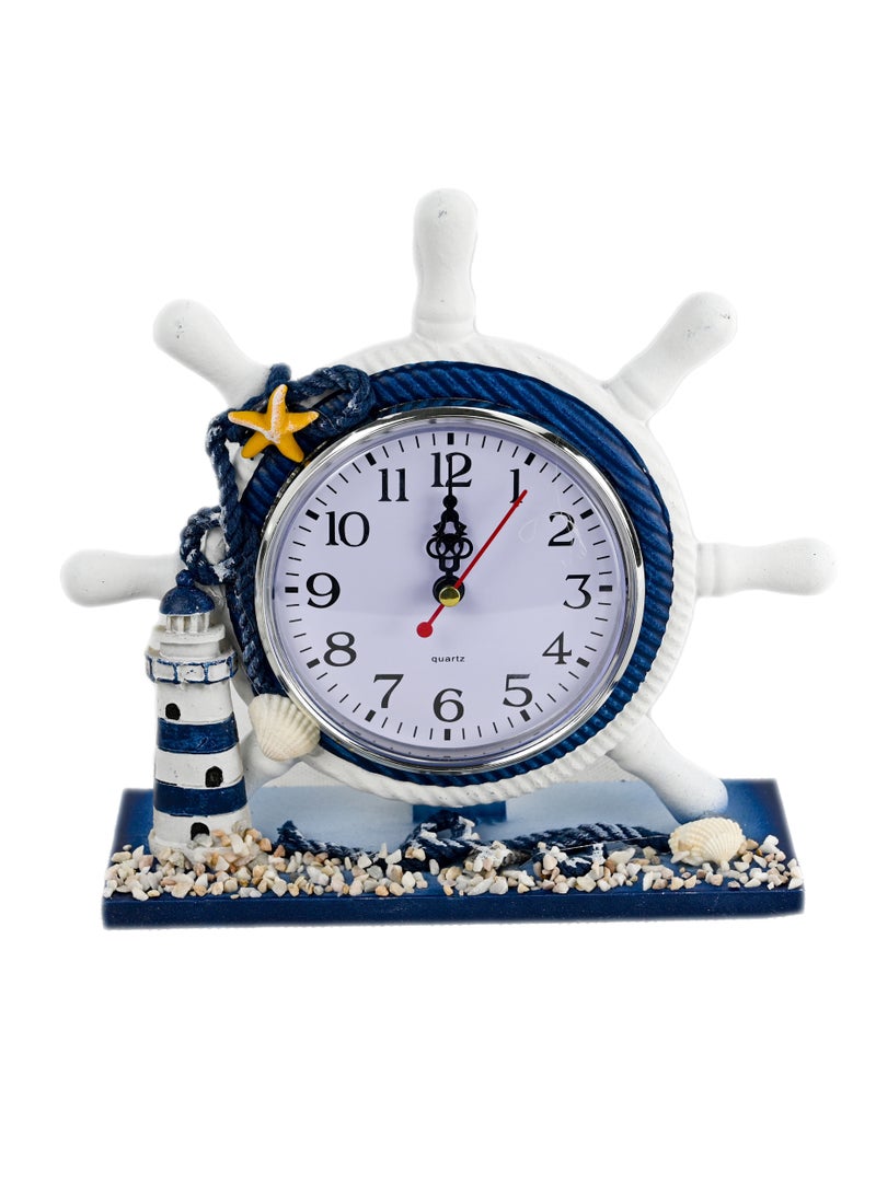 Mediterranean Style Clock With Boat Steering Wheel & Lighthouse Structure  Classic Coastal Style Home & Office Decorative Clock - Image 1