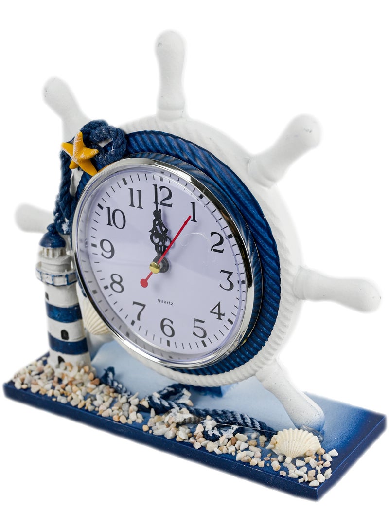 Mediterranean Style Clock With Boat Steering Wheel & Lighthouse Structure  Classic Coastal Style Home & Office Decorative Clock - Image 2