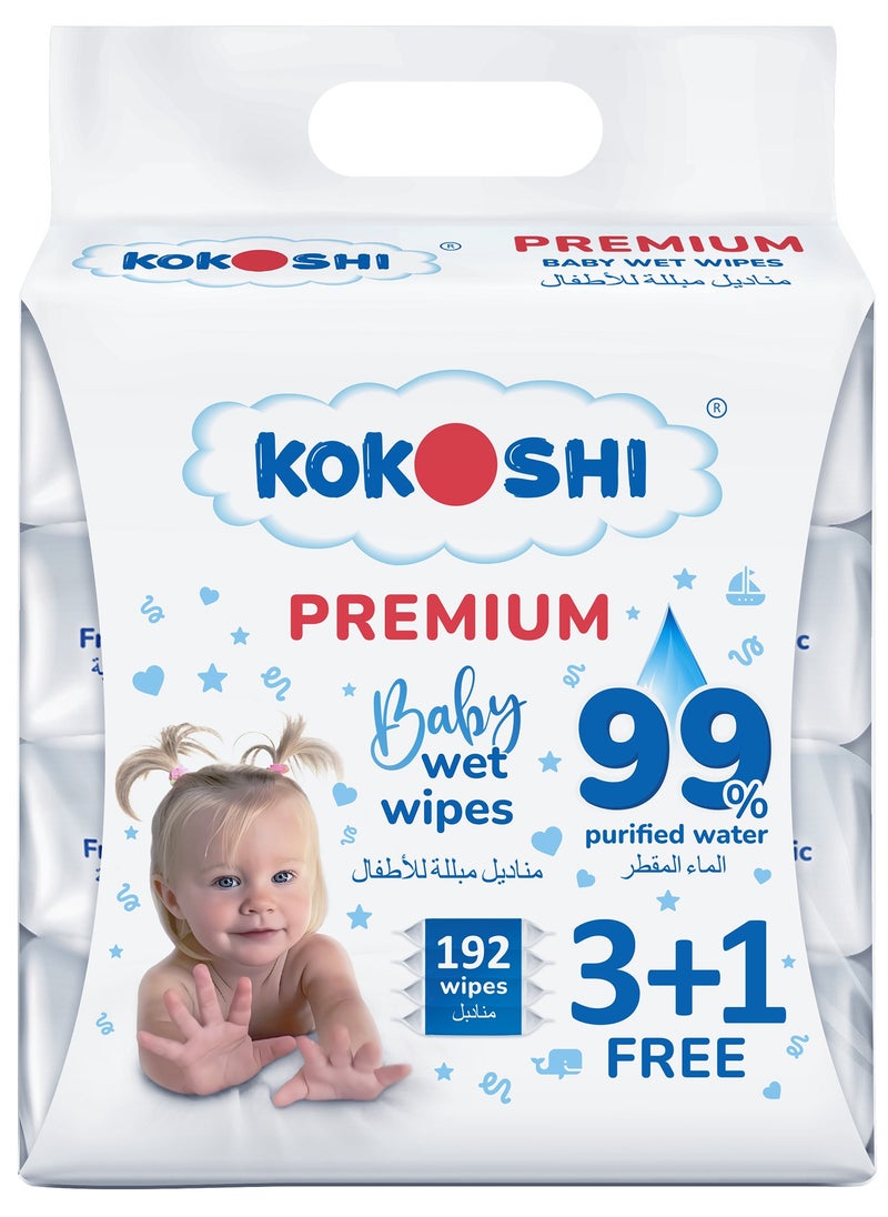 Kokoshi - Kokoshi Premium Baby, Wipes, Extra Sensitive, 99% Pure Water, 3+1 Packs Of 48 Wipes, 192 Count - Image 1