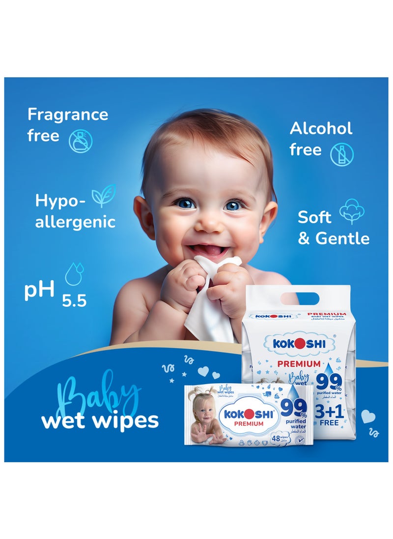 Kokoshi - Kokoshi Premium Baby, Wipes, Extra Sensitive, 99% Pure Water, 3+1 Packs Of 48 Wipes, 192 Count - Image 1