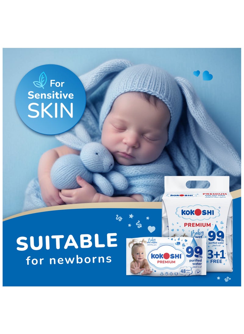 Kokoshi - Kokoshi Premium Baby, Wipes, Extra Sensitive, 99% Pure Water, 3+1 Packs Of 48 Wipes, 192 Count - Image 1