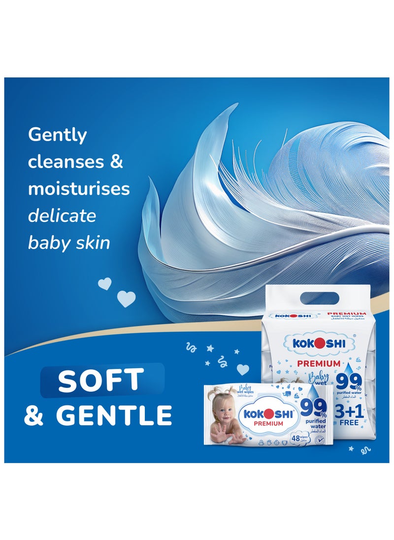 Kokoshi - Kokoshi Premium Baby, Wipes, Extra Sensitive, 99% Pure Water, 3+1 Packs Of 48 Wipes, 192 Count - Image 1