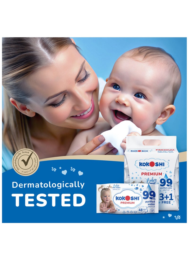 Kokoshi - Kokoshi Premium Baby, Wipes, Extra Sensitive, 99% Pure Water, 3+1 Packs Of 48 Wipes, 192 Count - Image 1