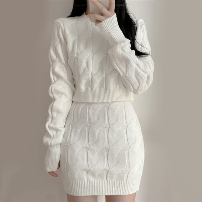 Chic Knit Sweater Skirt Set for Women White skirt [single piece]]