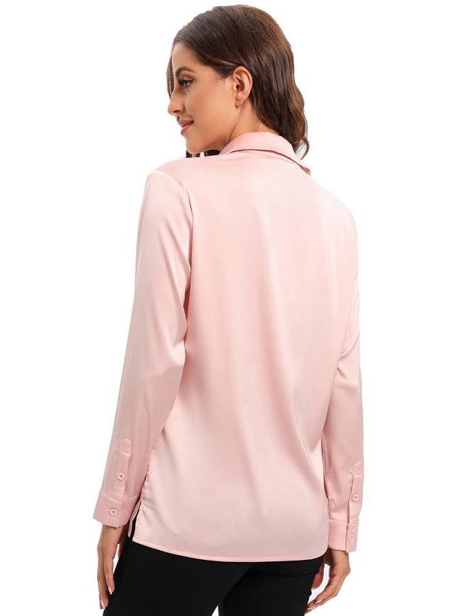 Escalier Women's Satin Silk Long Sleeve Button Down Shirt Casual Work Office Silky Blouse Top (Pink 1, Large) - Image 5