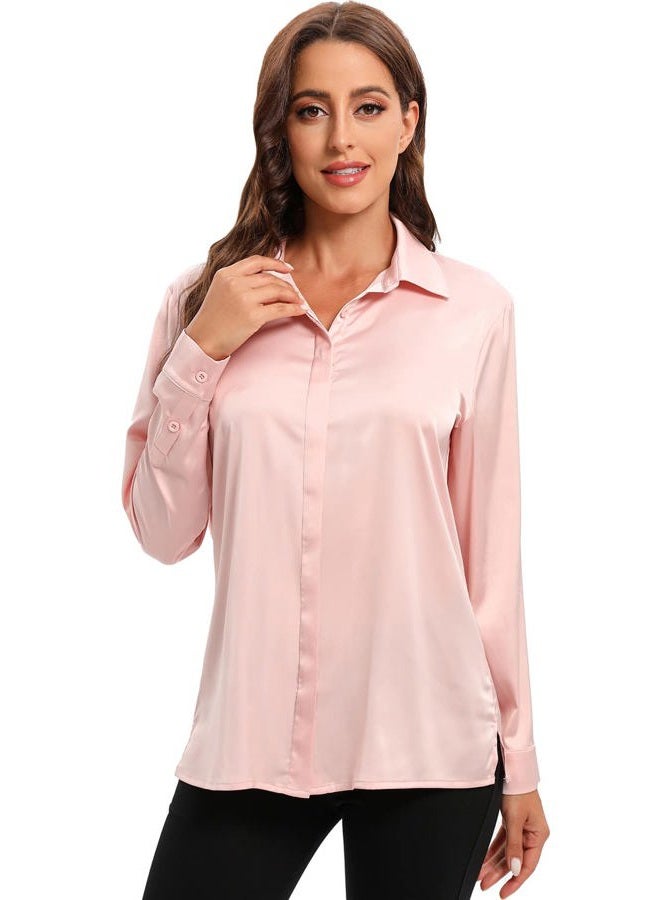 Escalier Women's Satin Silk Long Sleeve Button Down Shirt Casual Work Office Silky Blouse Top (Pink 1, Large) - Image 2