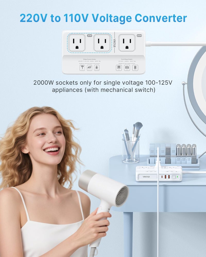 VINTAR 220V to 110V Voltage Converter, VINTAR 2000W Universal Travel Adapter Voltage Converter US to Europe, International Step Down Transformer Power Converters Adapter Combo for EU UK JP AU in SA - Image 2