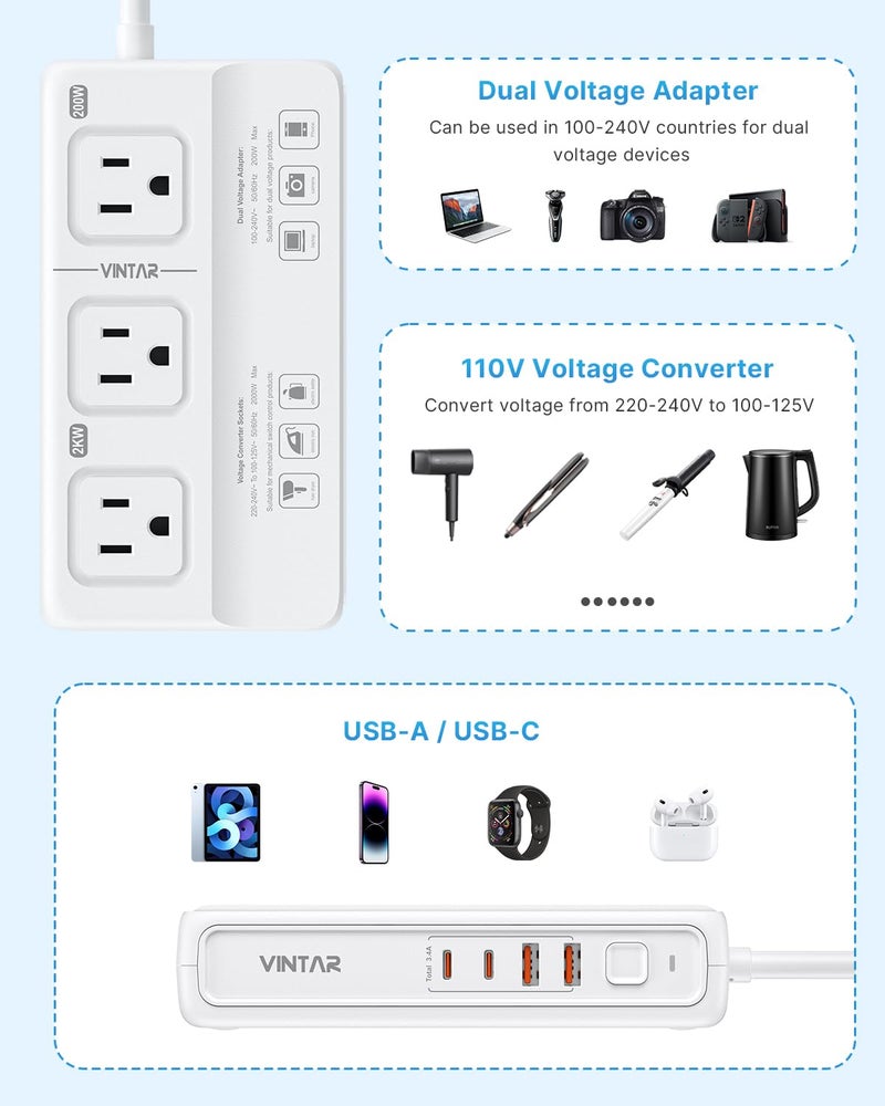VINTAR 220V to 110V Voltage Converter, VINTAR 2000W Universal Travel Adapter Voltage Converter US to Europe, International Step Down Transformer Power Converters Adapter Combo for EU UK JP AU in SA - Image 3