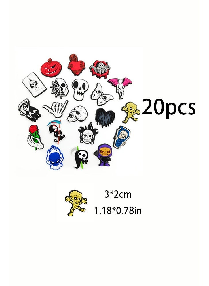 20 Pcs Gothic Halloween Skull PVC Shoe Charms Set, Spooky Pumpkin Reaper Skeleton Cartoon Croc Charms, Detachable Clog Sandal DIY Decor Accessories For Halloween Party Favors - Image 2
