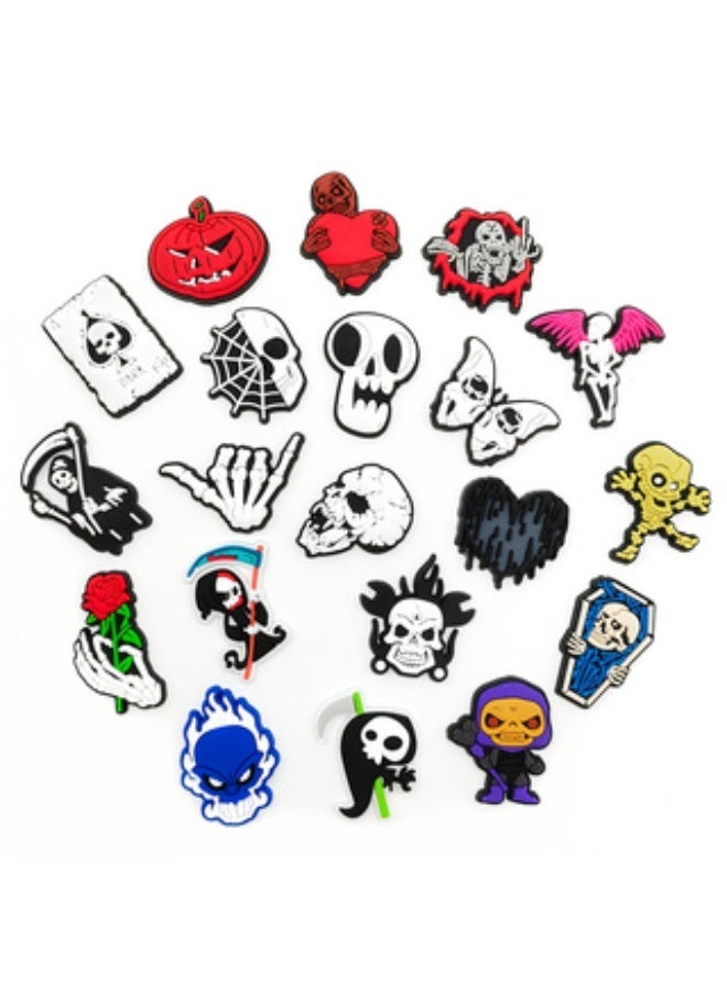 20 Pcs Gothic Halloween Skull PVC Shoe Charms Set, Spooky Pumpkin Reaper Skeleton Cartoon Croc Charms, Detachable Clog Sandal DIY Decor Accessories For Halloween Party Favors - Image 1