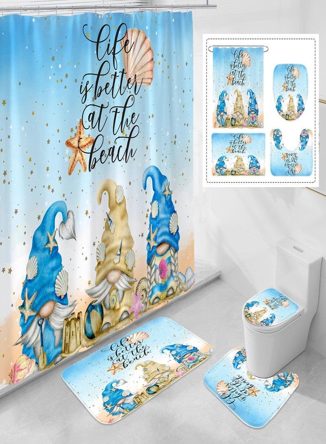 Litabel 4 Pcs Summer Gnomes Shower Curtain Set with Non-Slip Rugs, Toilet Lid Cover and Bath Mat, Sea Beach Starfish Country Bathroom Decor Set with Shower Curtain and Rugs(Hooks Not Included) - Image 1