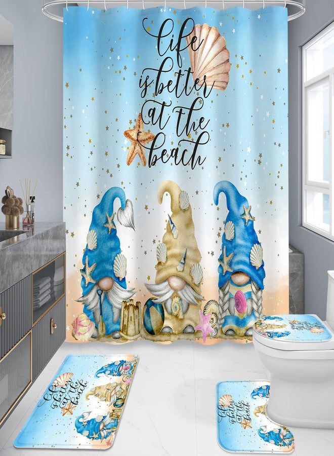 Litabel 4 Pcs Summer Gnomes Shower Curtain Set with Non-Slip Rugs, Toilet Lid Cover and Bath Mat, Sea Beach Starfish Country Bathroom Decor Set with Shower Curtain and Rugs(Hooks Not Included) - Image 2